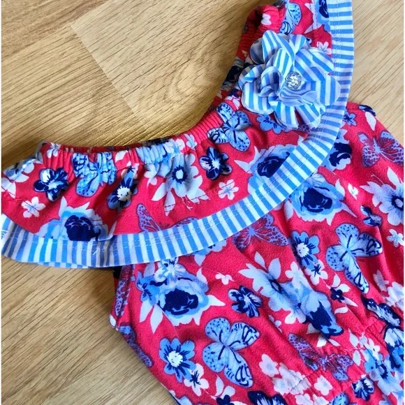 EUC Little Lass Baby Girl Romper-Red Floral,  Butterflies + Blue/White Stripes - Picture 3 of 5
